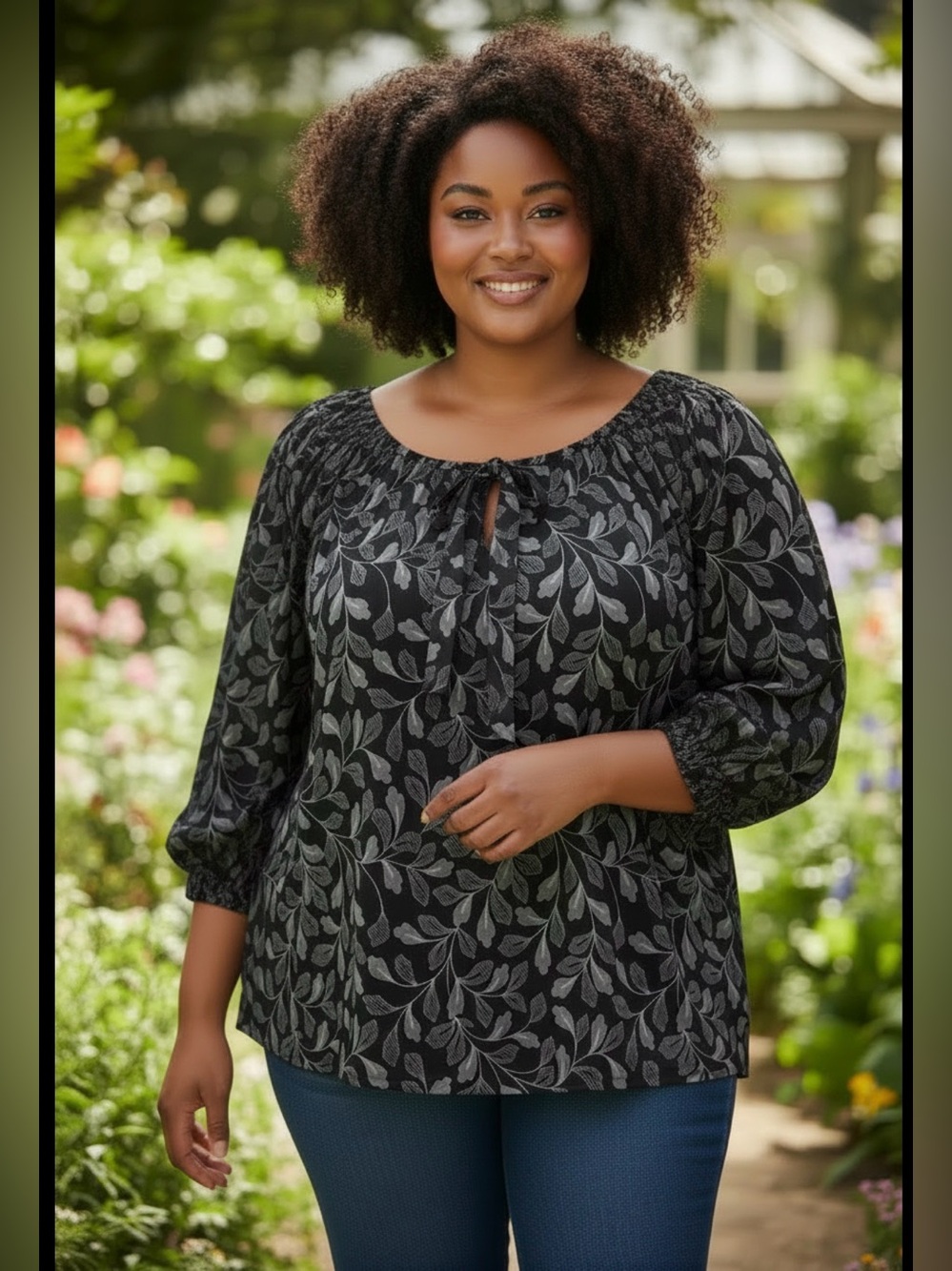 Olivia & Martin Women's Blouse‎ Size 1X Leaf Print Keyhole 3/4 Sleeve Black Gray